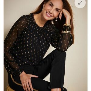 Talbots plus metallic gold clip dot Black Blouse smocked jeweled neck pullover